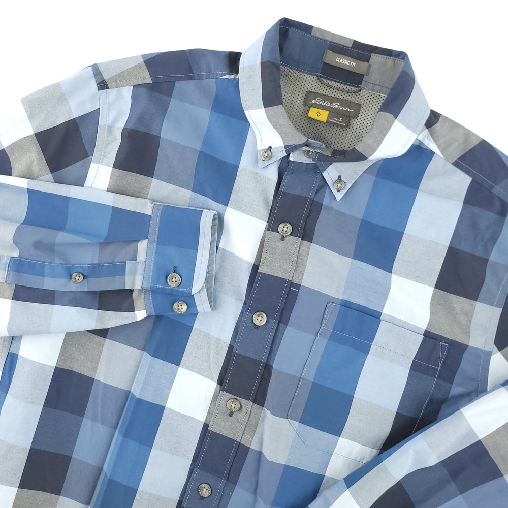 Eddie Bauer Travex Shirt Mens S Blue Plaid Long Sleeve Button Up Classic Fit